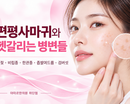 편평사마귀와 쥐젖, 비립종, 한관종, 좁쌀여드름, 검버섯의 특징을 설명한 아마르한의원 하단점 피부가이드